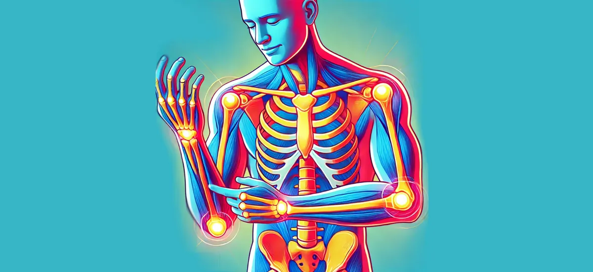 An illustration of the human skeleton and musculature with the wrist, elbow and shoulder joints glowing to show inflammation