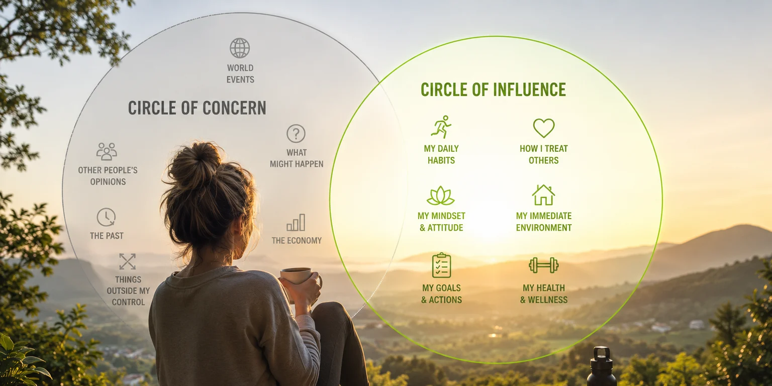 A woman sitting with coffee overlooking a valley at sunrise, with a Circle of Concern and a Circle of Influence overlaid on the view