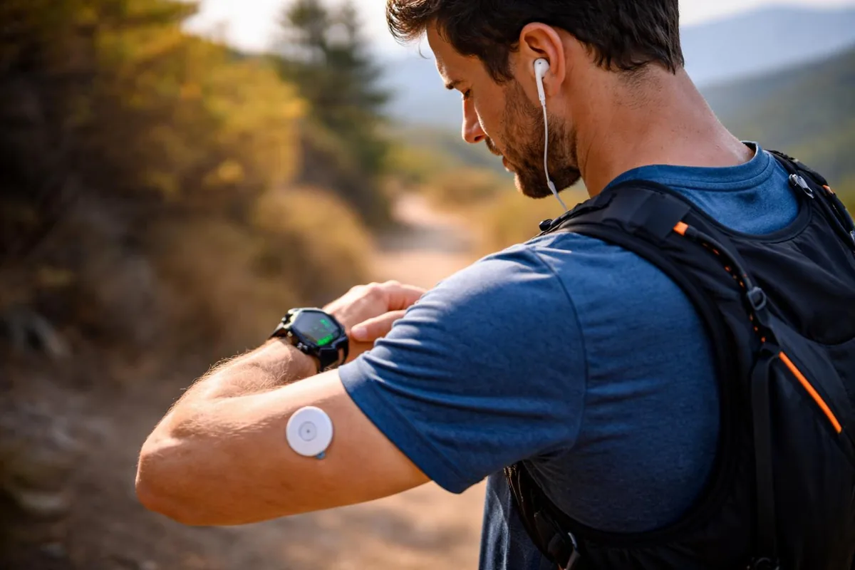 A man on a trail checking his watch, wearing a continuous glucose monitor sensor on the back of his upper arm
