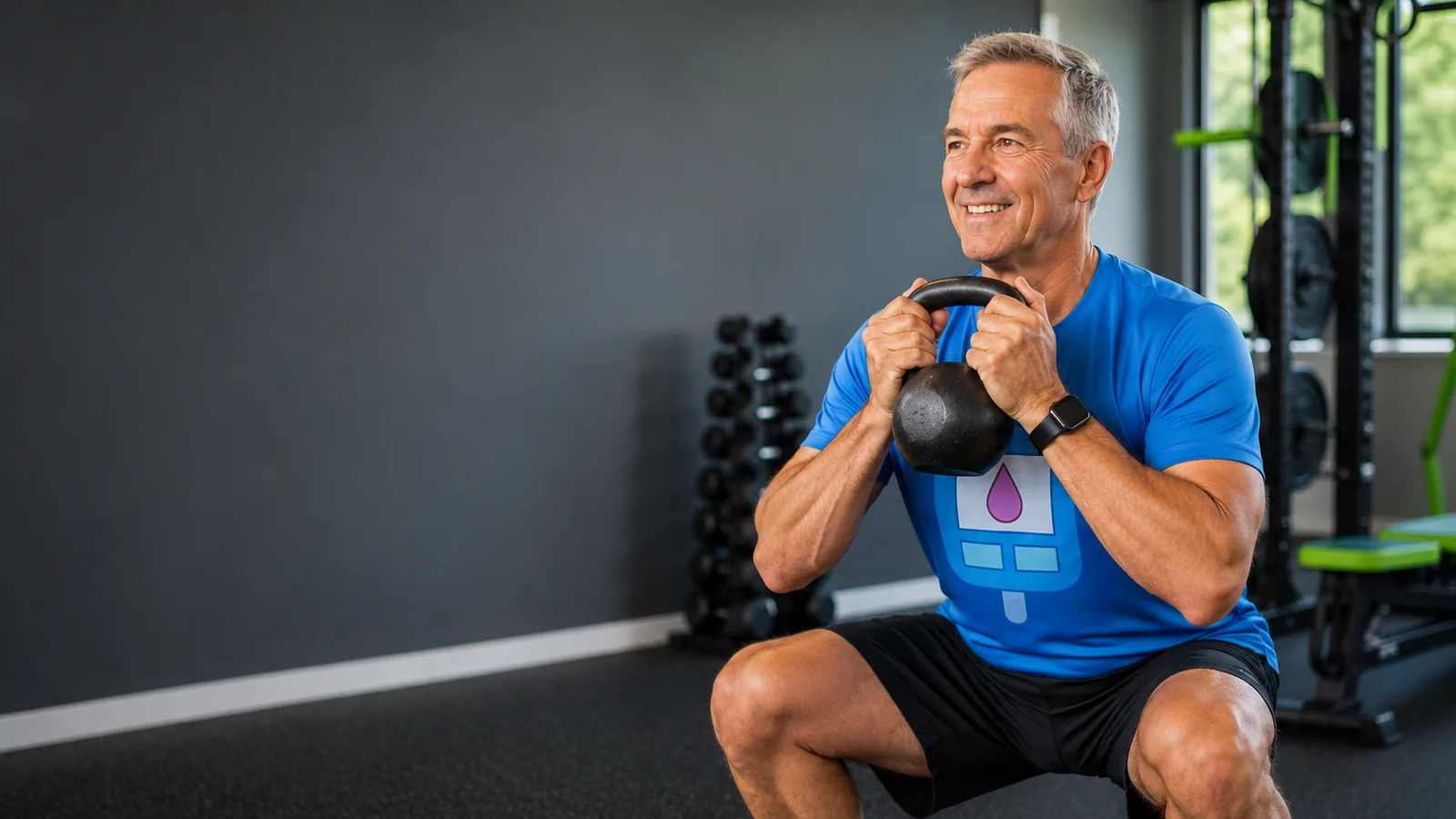 A man in his sixties holding a kettlebell at his chest in a squat, training in a gym