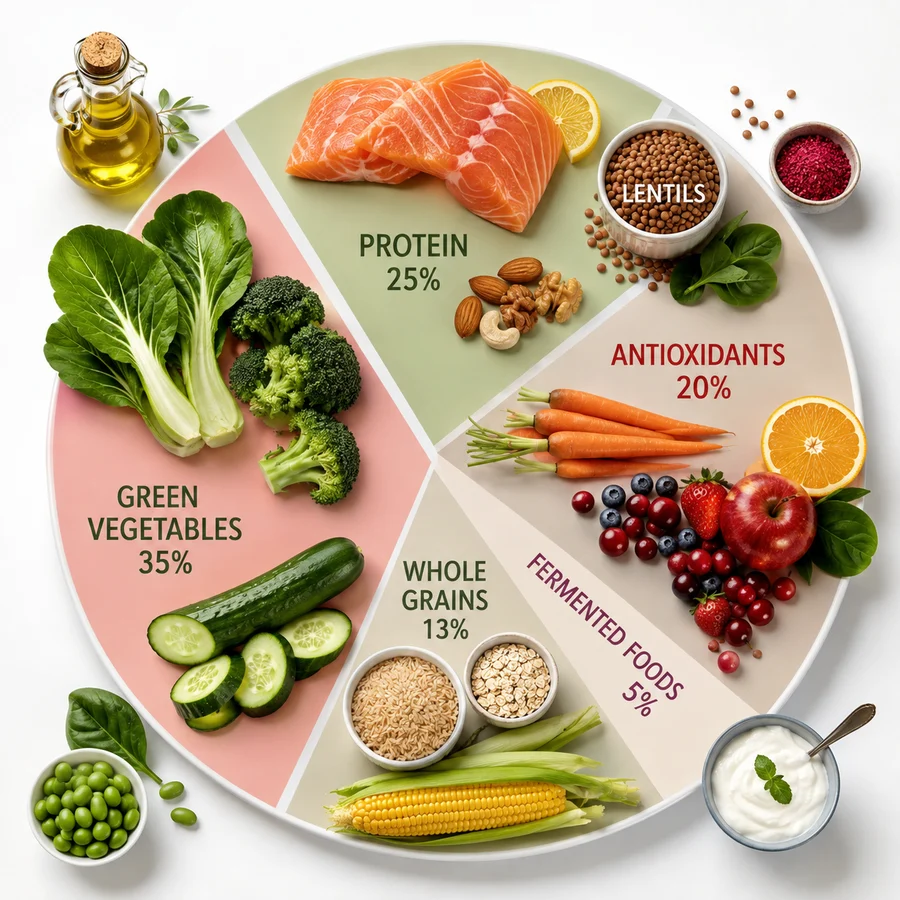 A plate divided into green vegetables 35%, protein 25%, antioxidants 20%, whole grains 13% and fermented foods 5%, surrounded by olive oil, nuts, berries and yoghurt