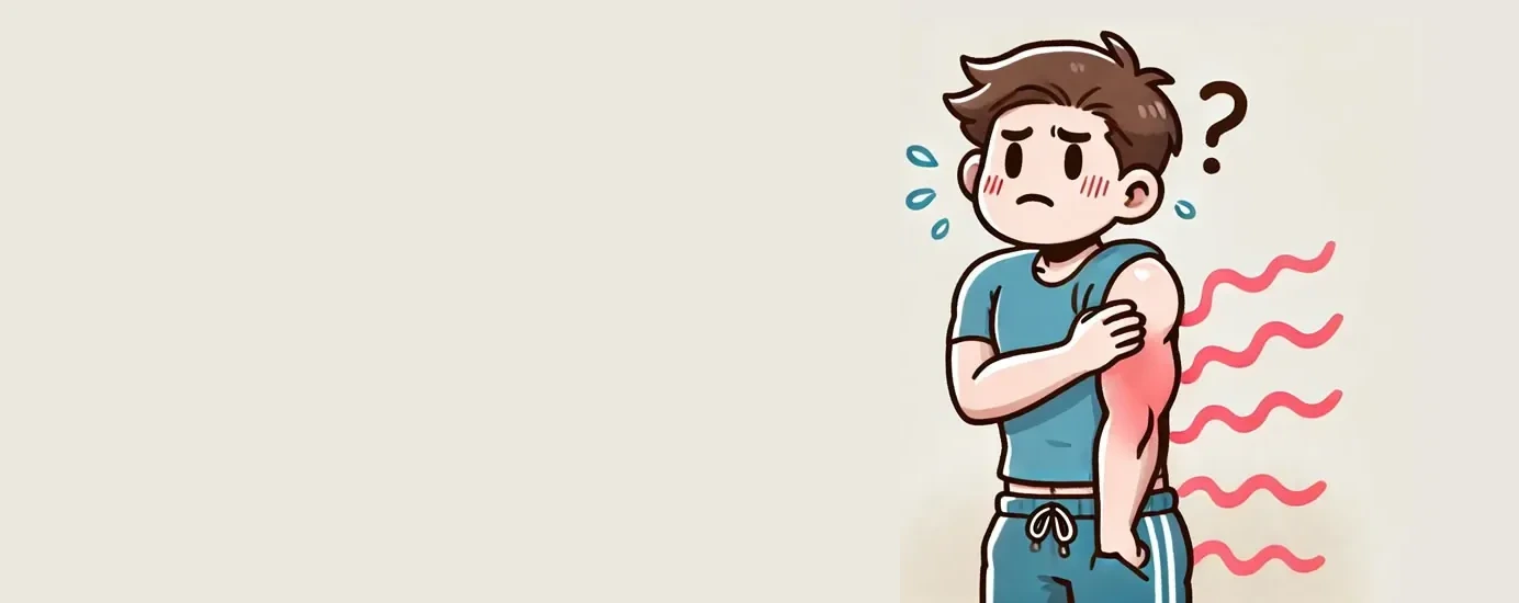 A cartoon of a man wincing and holding his upper arm, with red lines radiating from the sore muscle