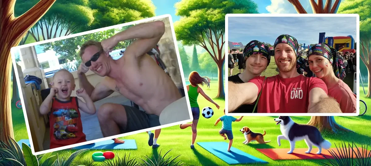 An illustrated park scene with two family photos laid over it — Henk flexing with his young son, and a family selfie in matching bandanas at a fun run