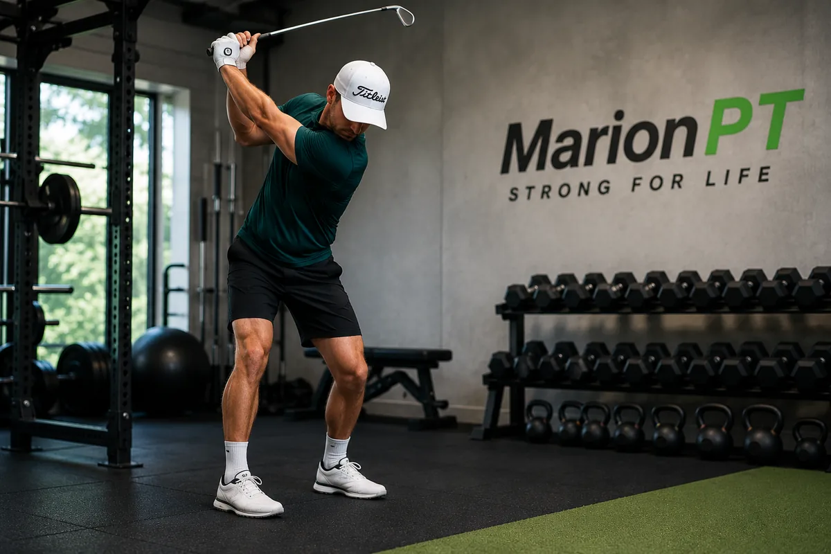Golfer at the top of his backswing in the MarionPT gym, beside a squat rack and dumbbell racks
