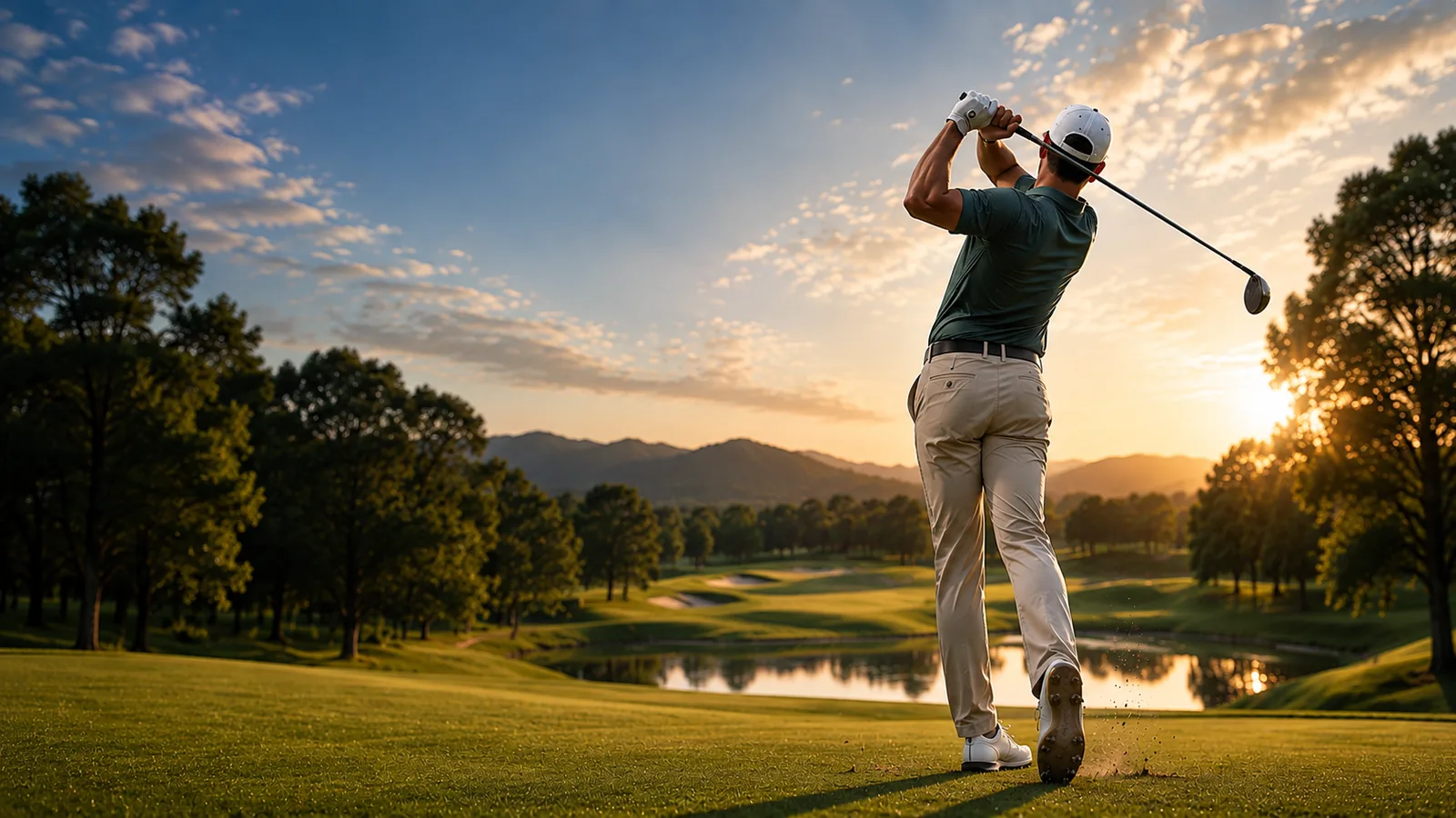 Golfer holding his finish after a full swing on the course at sunset