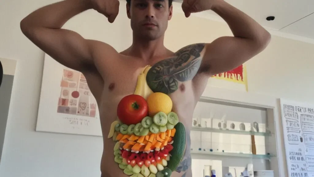 A digestive tract illustrated entirely out of fruit and vegetables