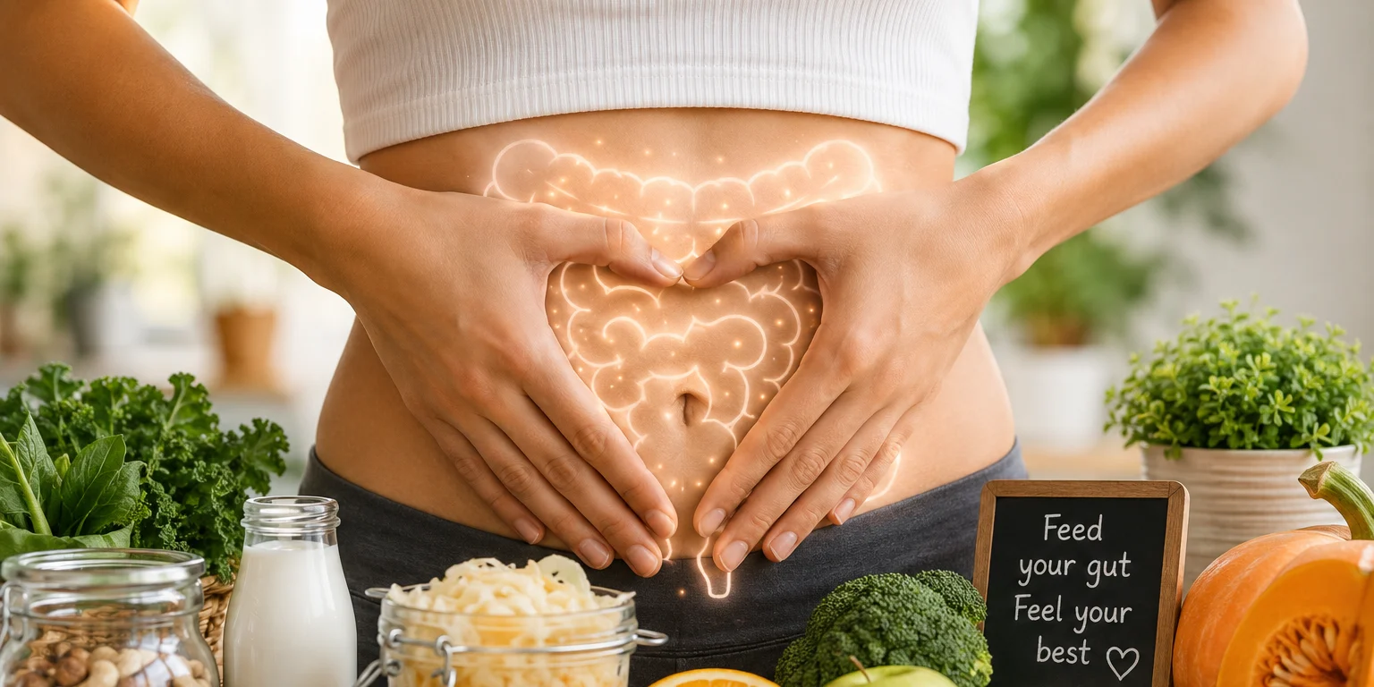 Hands forming a heart shape over a stomach with an illustrated digestive tract glowing through, surrounded by sauerkraut, kefir, nuts, berries and vegetables