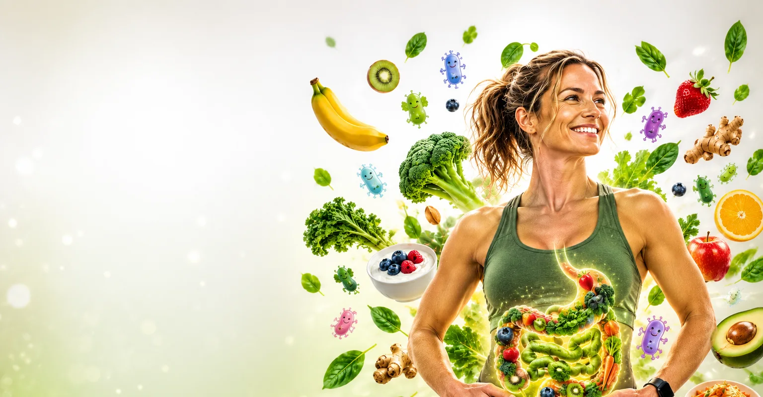 A smiling woman with her hands on her stomach, an illustrated digestive tract glowing through her top, surrounded by fruit, vegetables and friendly bacteria characters