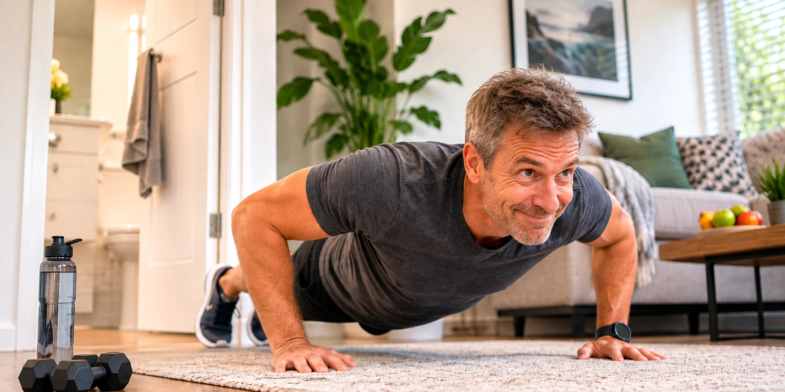 A man doing a push-up on a rug in his living room, just outside an open bathroom door