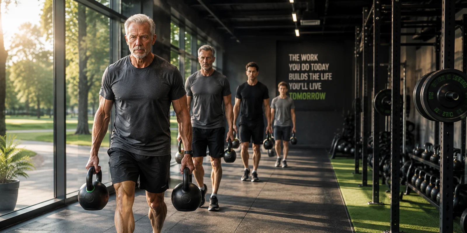 Four men of different ages walking farmer's carries with kettlebells through a gym, beneath wall text reading 'the work you do today builds the life you'll live tomorrow'