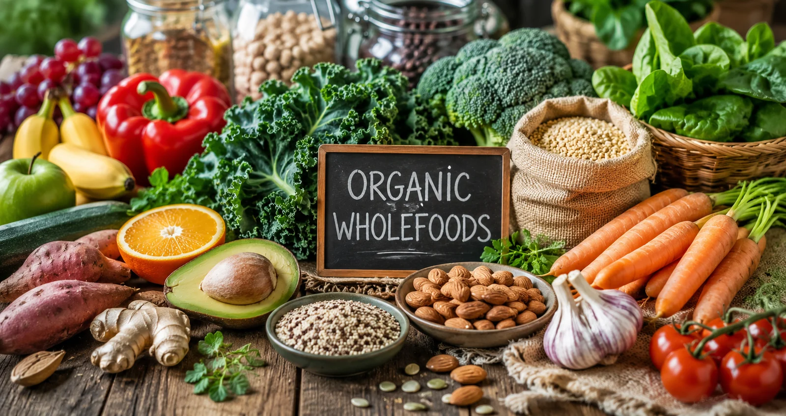 A wooden table covered with fresh produce, grains, nuts and legumes around a chalkboard reading Organic Wholefoods