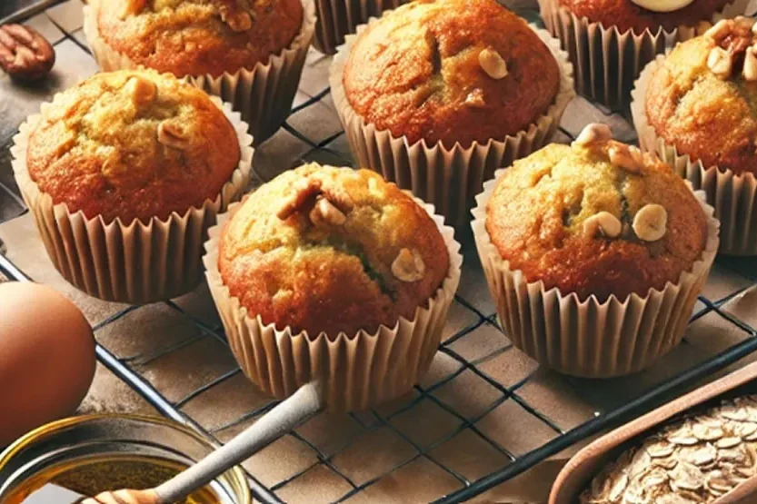 Golden banana nut muffins in paper liners, one broken open to show the texture