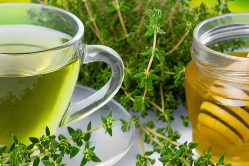 A glass cup of green tea beside a jar of honey with a honey dipper, surrounded by fresh thyme