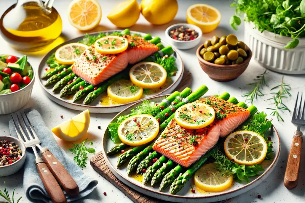 Baked salmon topped with lemon slices and herbs, beside an asparagus salad and chopped pickles