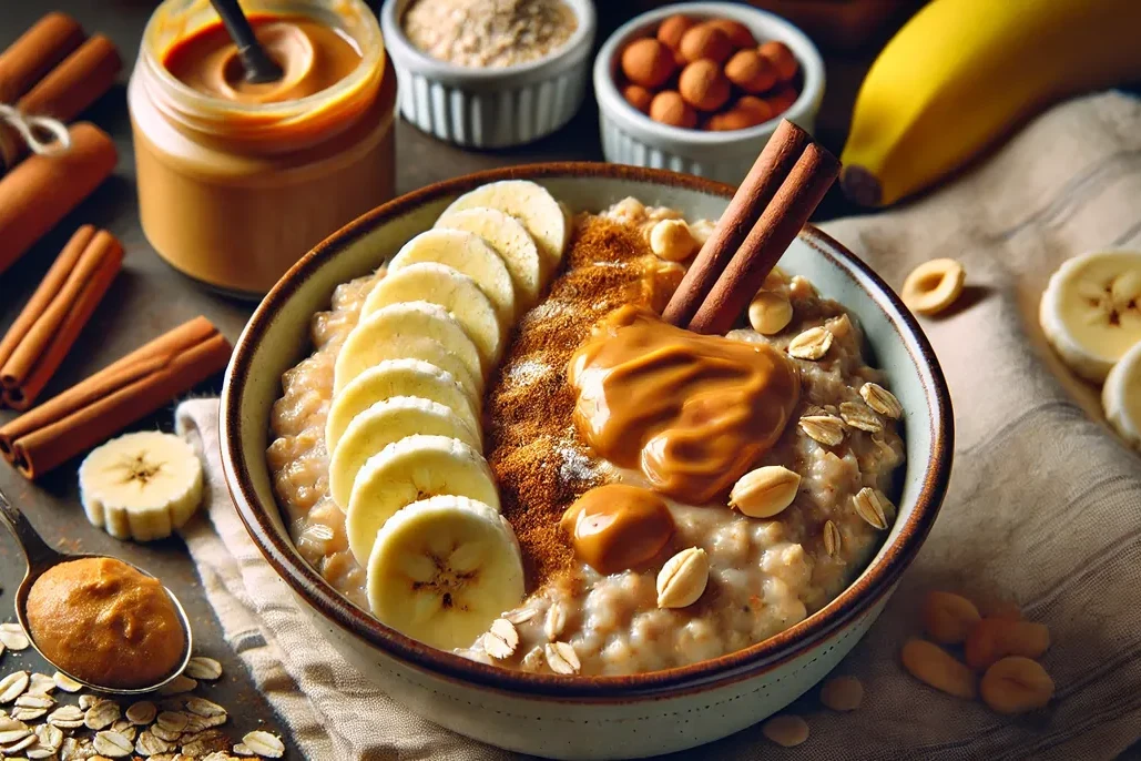 A bowl of oatmeal topped with sliced banana, peanut butter and roasted peanuts