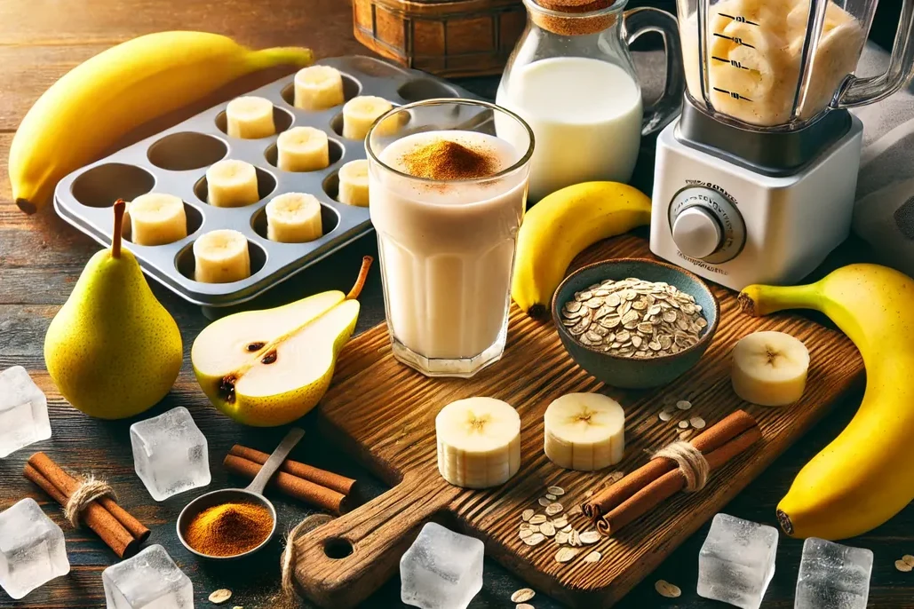A chopped pear, a ripe banana, oats and cinnamon laid out on a kitchen counter