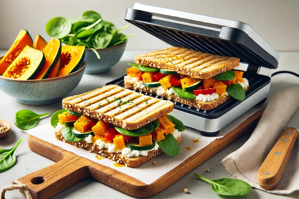 A grilled wholegrain sandwich filled with ricotta, mashed pumpkin, roasted capsicum and spinach