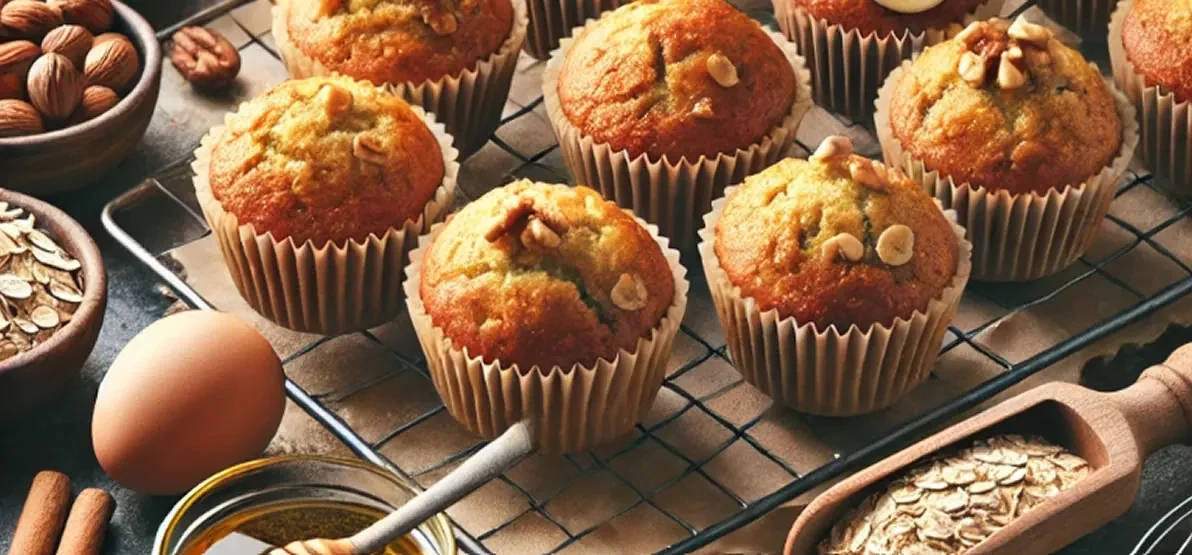 Freshly baked banana nut muffins cooling on a rack