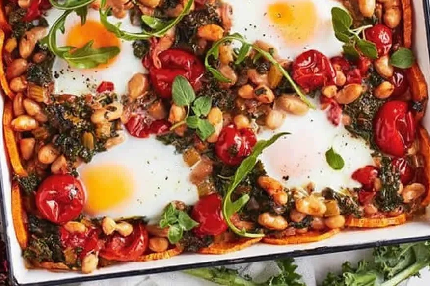 A sweet potato, bean and kale shakshuka in a baking dish with four eggs baked into the top