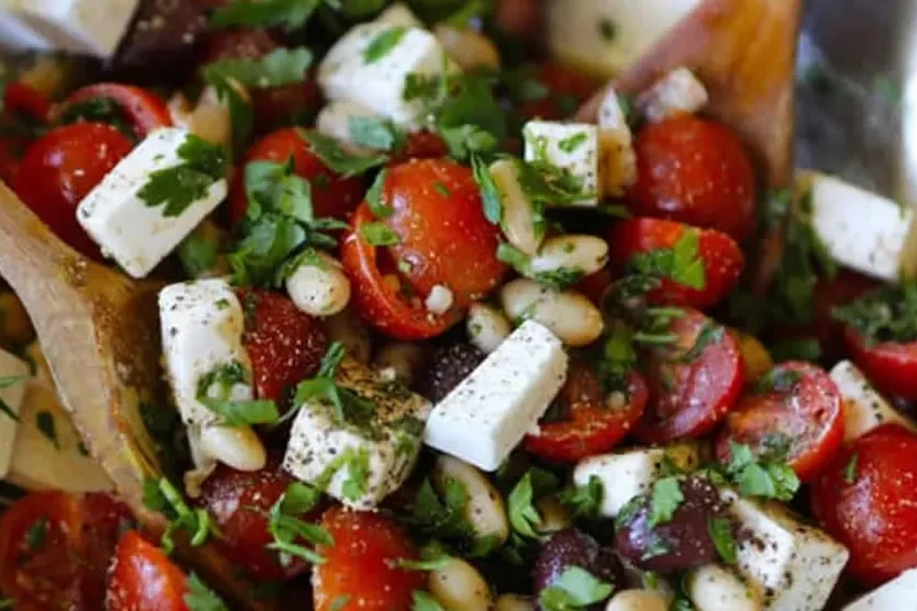 A salad of white beans, halved cherry tomatoes, olives and cubed feta