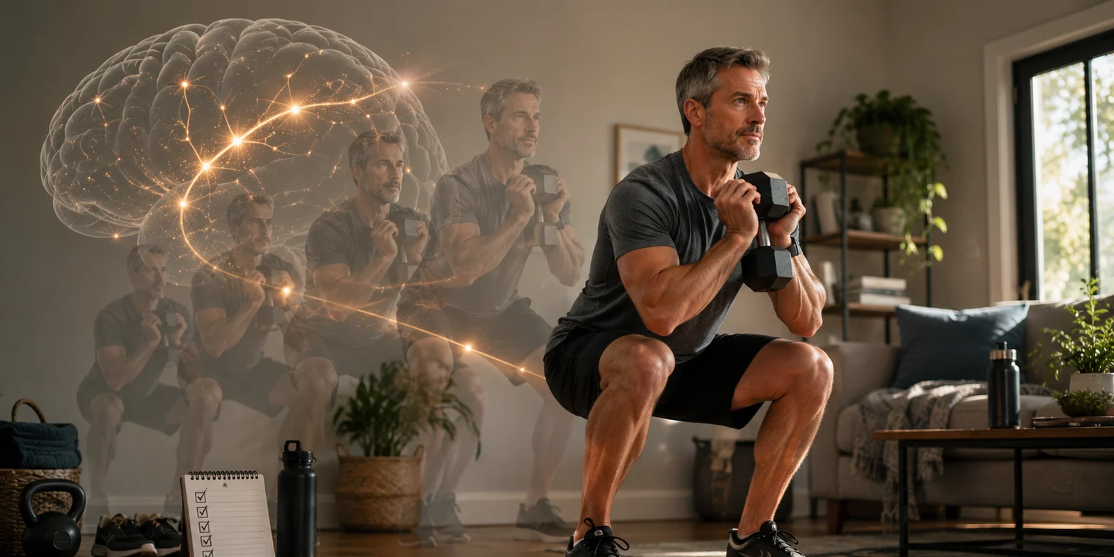 A man doing a goblet squat at home, with ghosted repetitions of himself trailing behind and a glowing neural network overlaid on the wall