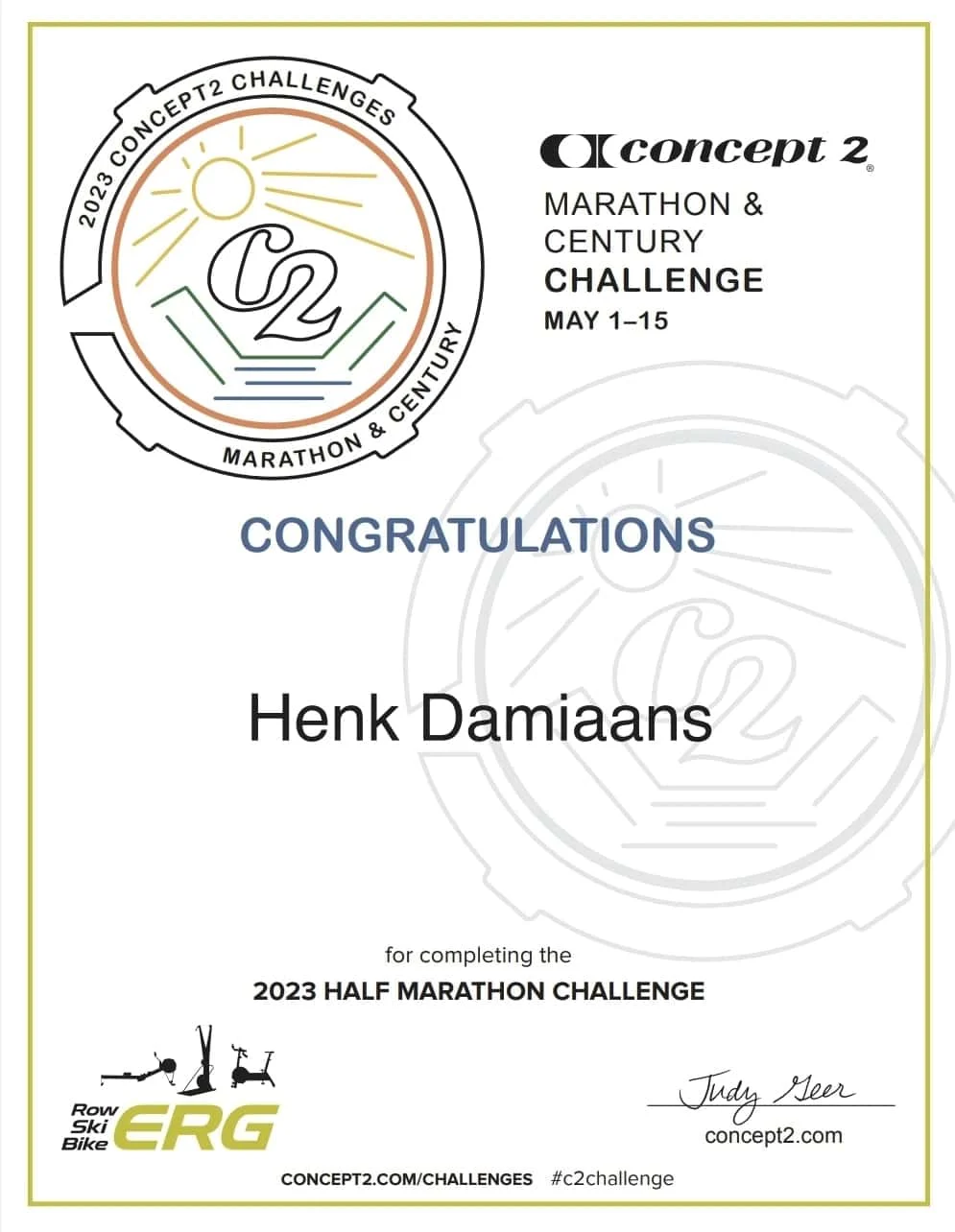 Concept2 half marathon certificate awarded to Henk Damiaans