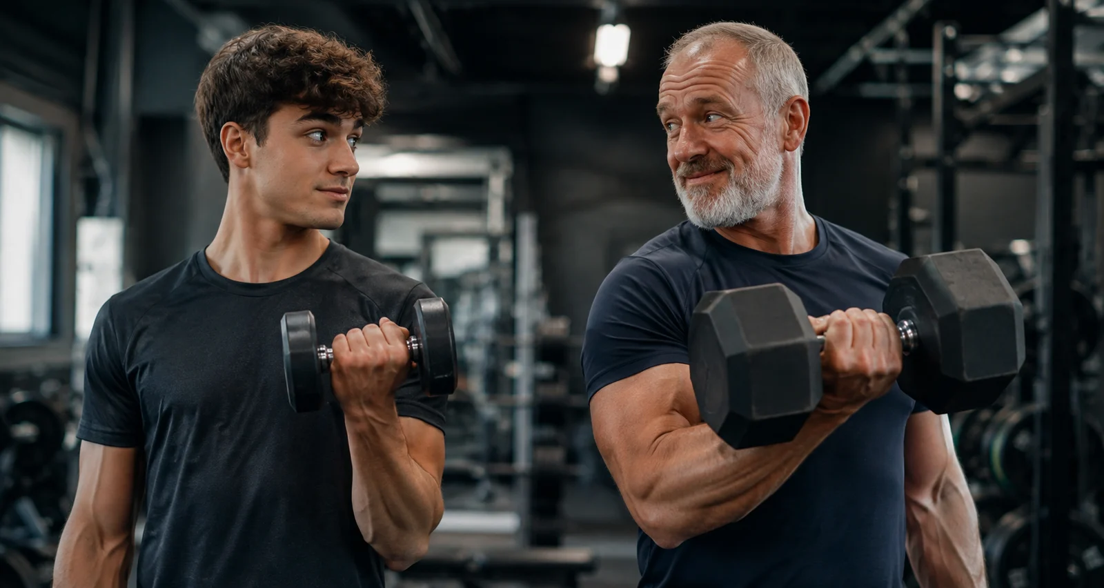 A young man curling a small dumbbell glancing sideways at an older man beside him curling a much heavier one, both smiling