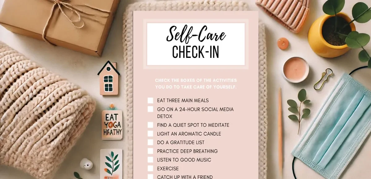 A self-care check-in list laid out with a knitted blanket, a candle, a potted plant and a pencil