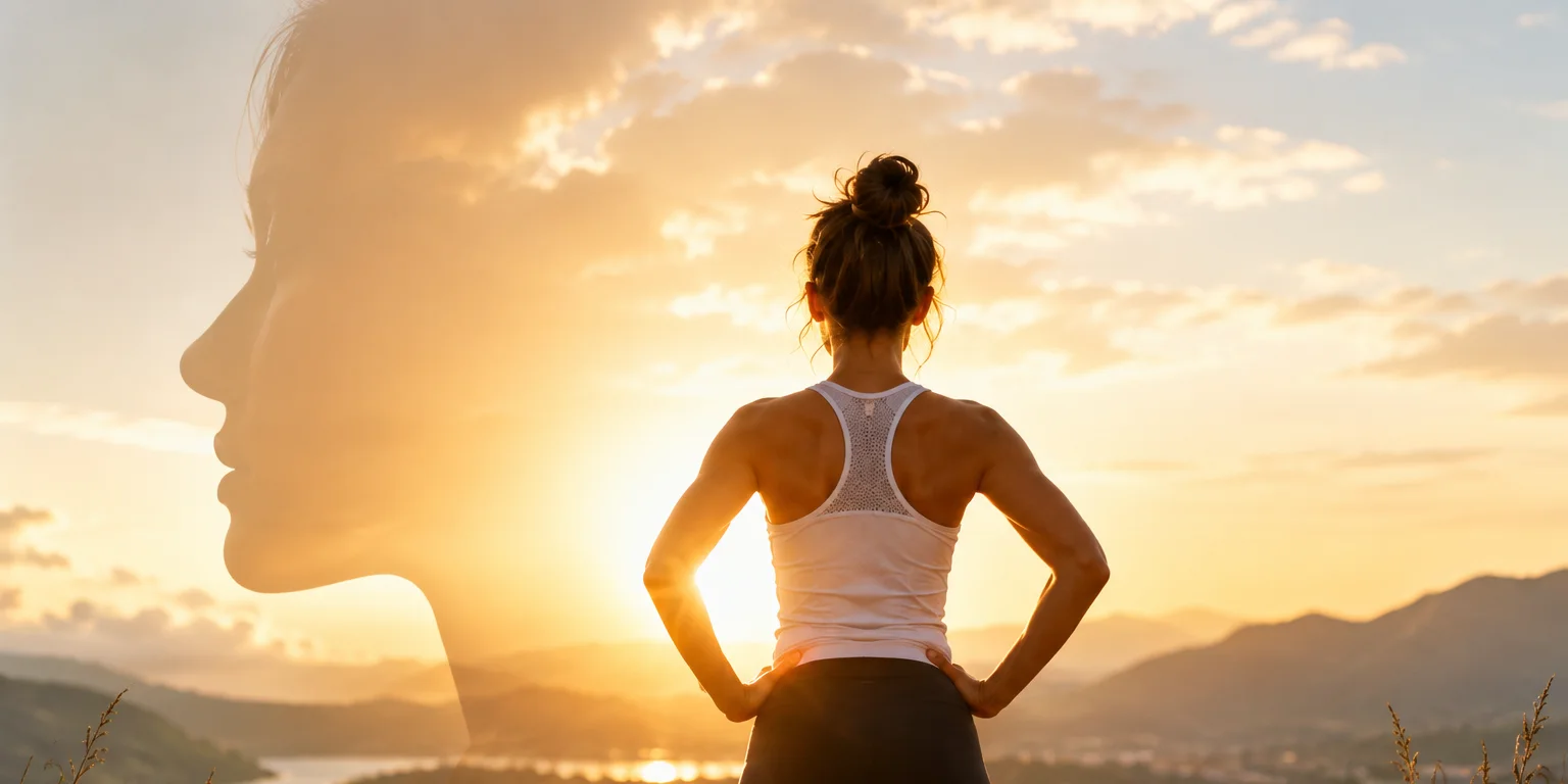 A woman standing hands on hips at sunset looking out over a valley, with a ghosted profile of a face overlaid on the sky beside her