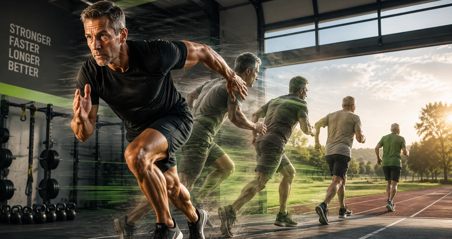 A man exploding out of an acceleration in a gym, his motion trailing behind him in a sequence that carries out onto an outdoor running track