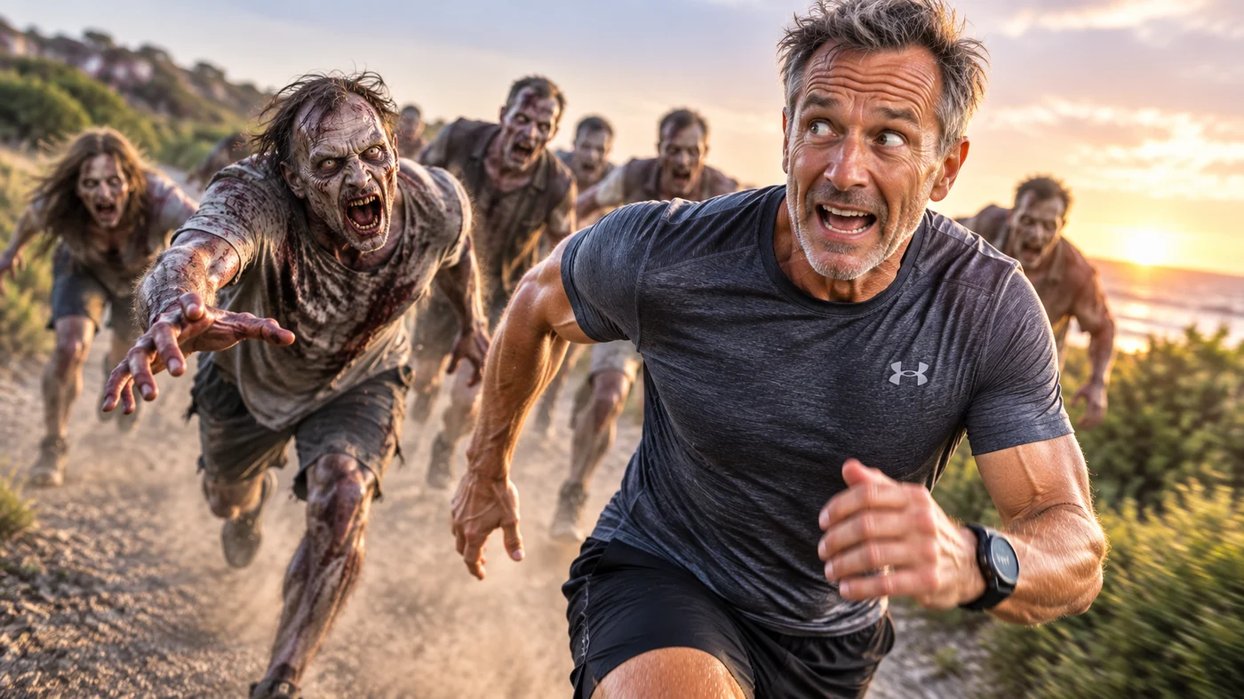 A running man being chased along a coastal path at sunset by a pack of zombies