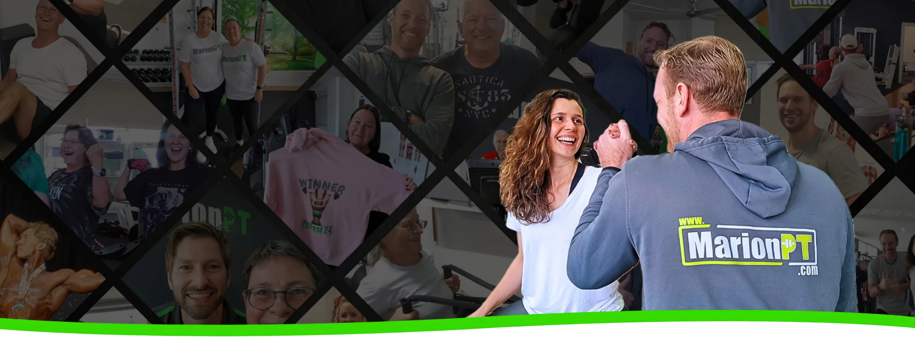 A MarionPT coach and a member sharing a fist bump, over a collage of members training in the Warradale studio