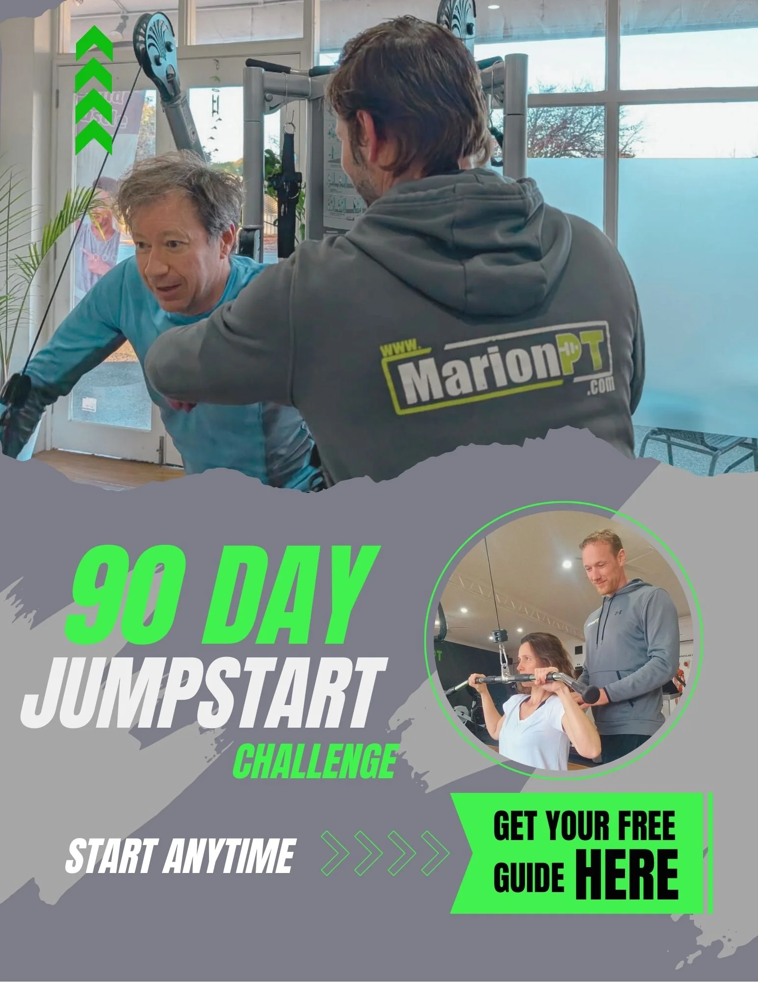 90 Day Jumpstart Challenge guide cover, showing MarionPT coaches training members in the studio