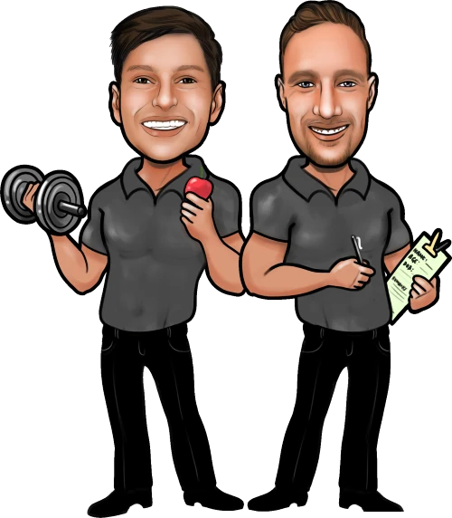 Cartoon illustration of two MarionPT coaches, one holding a dumbbell and an apple, the other a training plan on a clipboard